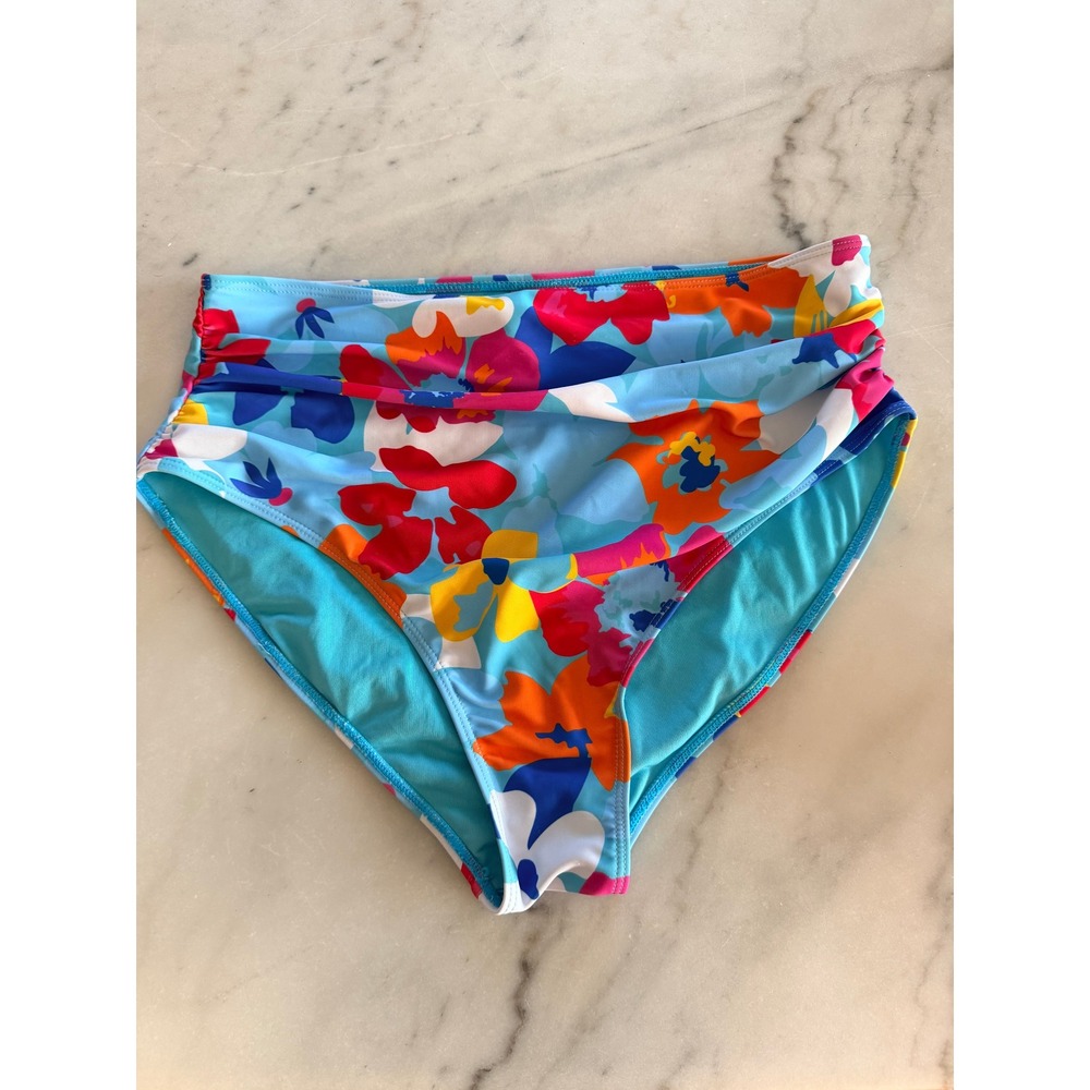 Yonique Womens Floral High Waisted Bikini Bottoms Ruched Blue Red XL